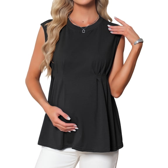 INSPIRE CHIC Womens Maternity Tank Tops Pleated Peplum Tunic Cap Sleeve Casual Shirt Dressy Sleeveless Pregnancy Blouses M Black