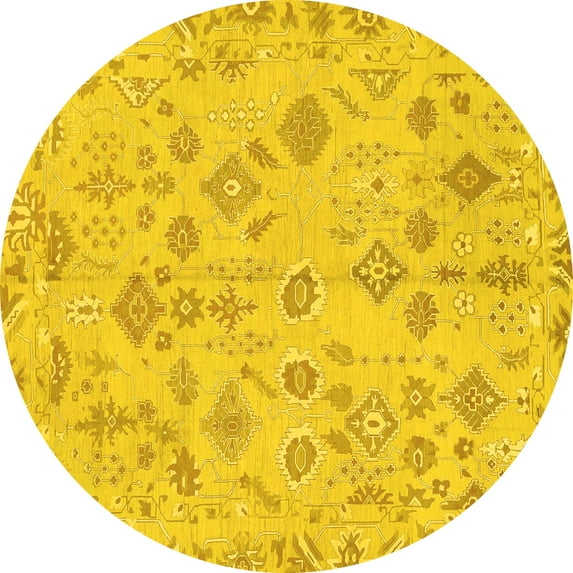 Ahgly Company Machine Washable Indoor Round Oriental Yellow Traditional Area Rugs, 5' Round