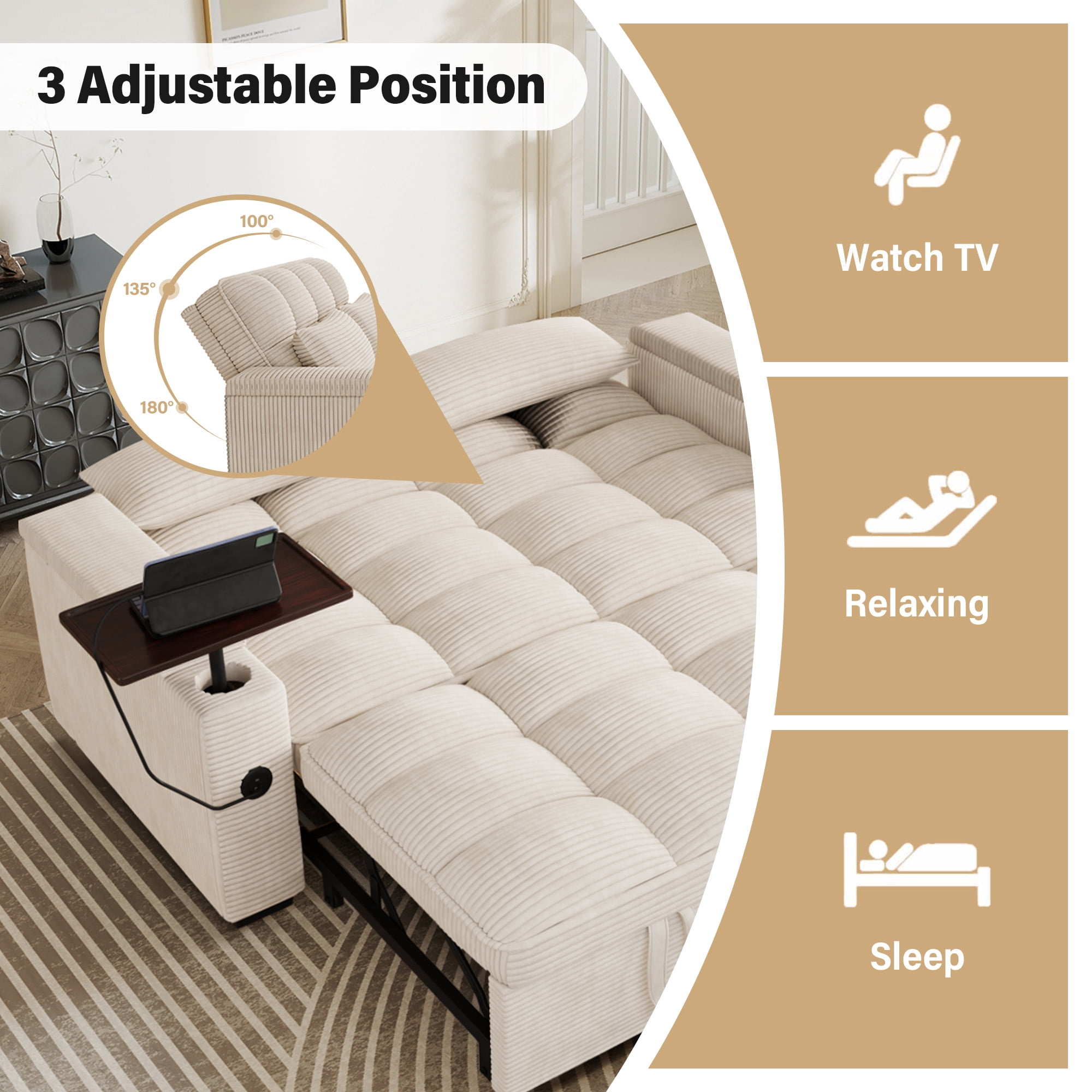 Aukfa 65"W Convertible Sofa Bed with Storage, 3-in-1 Corduroy Queen Sleeper Sofa Couch with 360° Swivel Side Table & USB /Type-C Ports,Beige