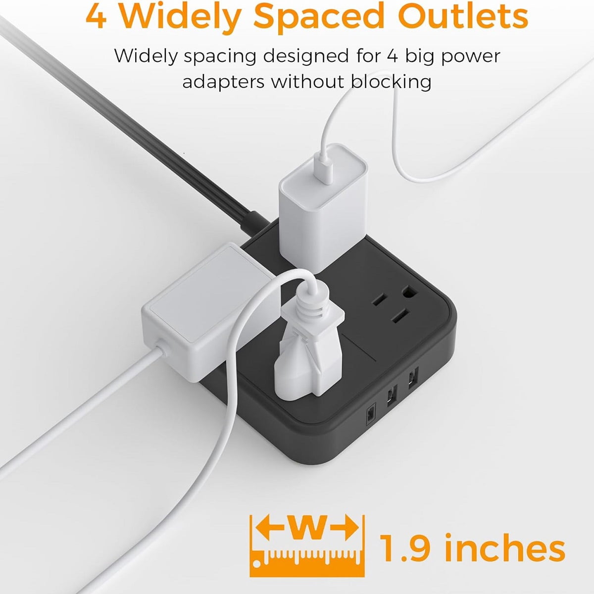 Flat Extension Cord 5Ft, Power Strip with 4 Outlets and 3 USB Ports (1 USB C), Ultra Slim Flat Plug Surge Protector, 900 Joules, Wall Outlet Extender, Black