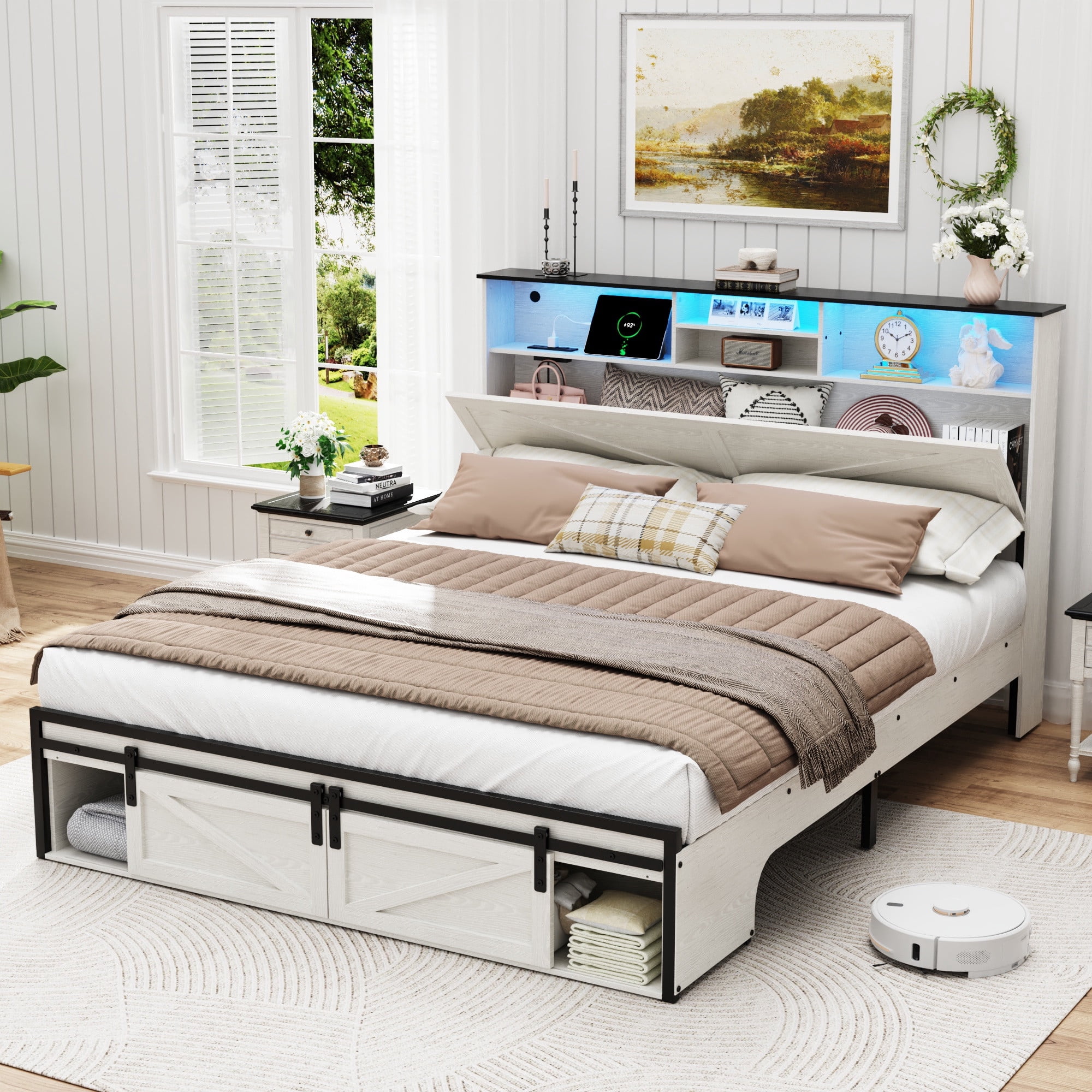 Wood Queen Bed Frame with Headboard & Storage Shelf, Holaki Farmhouse Queen Size Platform Bed Frame with Charging Station & LED Lights, No Box Spring Needed, Easy Assembly, White