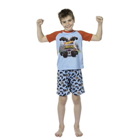Hot Wheels Boys' Monster Trucks Toys Tossed Print Sleep Pajama Set Shorts