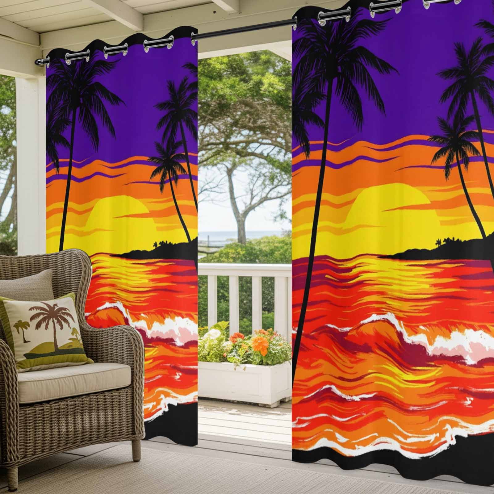Sunset Beach Outdoor Curtains for Patio, Boho Tropical Palms Coastal Orange Evening Glow Sunshade Privacy Drapes Grommet Waterproof Outside Curtains for Porch/Cabana/Balcony 54"x 108", 1 Panel