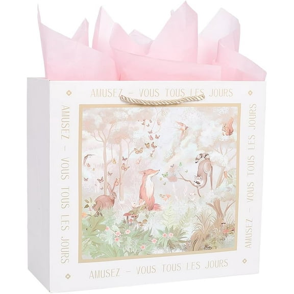 12 x 4.7 x 10.6 Inch Forest Gift Bags Vintage Paper Bags Tissue Handle Rectangle Colorful Animals Retro Heavy Duty Wrapping Shopping Paper Set for Party Favors Presents Packaging Decoration