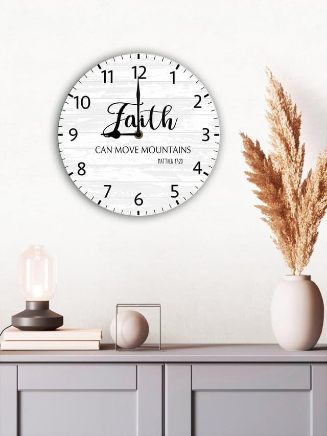 Faith Can Move Mountains Christian Wood Clock Christian Quotes Bible Scripture Inspirational Words Wall Clock Religious Home Décor 10 Inch Silent Non-Ticking Battery Operated