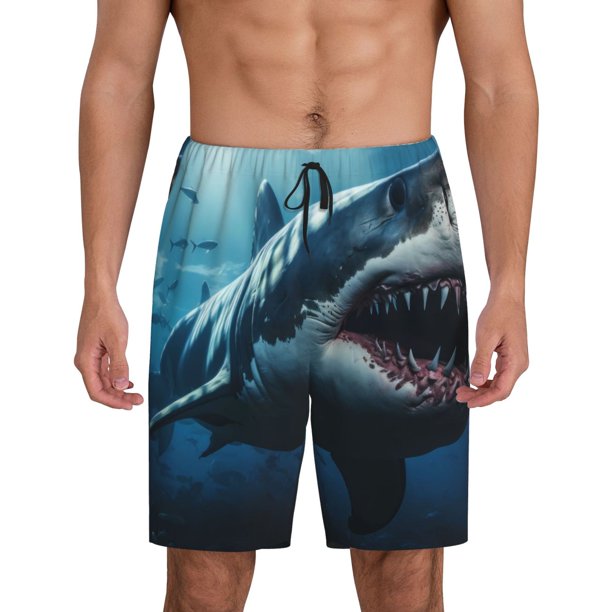 Balery 3D Realistic Shark Pantalones cortos de pijama de punto de algodón para hombre con cinturilla y bolsillos-Large