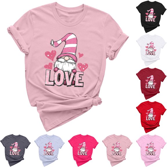 VKOYWKM Valentine's Tees Women Cute Love Heart Print T-Shirts Cute Tops Holiday Short Sleeve T Shirts Casual Crew Neck Romantic Tshirts