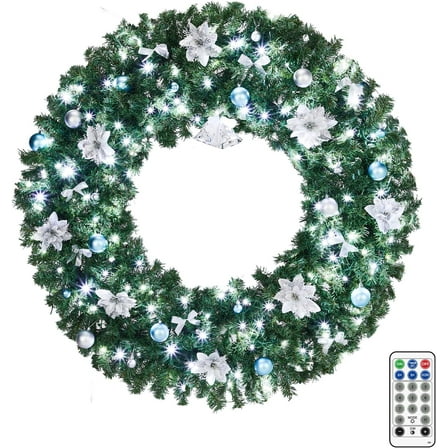 HiiKaa 48in Pre Lit Christmas Wreath,Outdoor Xmas Wreath with 150 Lights,450 Tips,Bells,Blue Silver Ornaments,Large Christmas Wreath for Front Door, Fireplace, Wall, Holiday Decor (Plug-in)