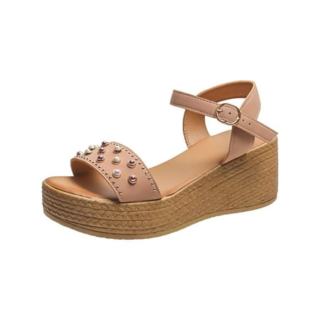 

Wedge Sandals for Women Chunky Platform Sandals Sparkly Pearl Strappy Sandal Ankle Strap Casual Summer Sandals for Women