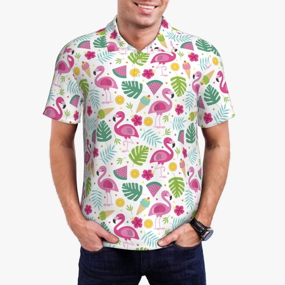Honeii Cute Flamingo print Polo Shirt, a classic short-sleeved, button-down golf shirt designed for men