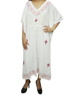 Mogul Women White Long Kaftan Cover Up Cotton Kimono Sleeves Caftan Dress