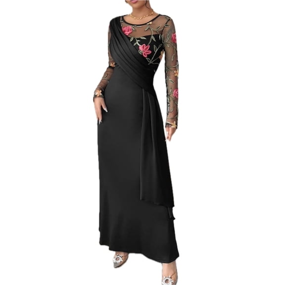 Women's Floral Mesh Sleeve Ruched Maxi Dress with Sheer Stretch Lined 95% Polyester 5% Elastane Ideal for Evening Events