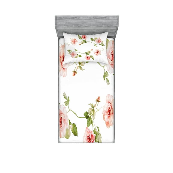 Ambesonne Romantic Fitted Sheet & Pillow Sham Set, Rose Flower Petals, Twin, Reseda Green Peach Coral