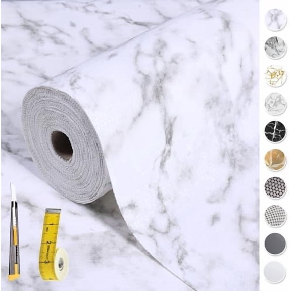 2-Layer Drawer and Shelf Liner for Kitchen Cabinet: 12 in X 20 Ft Non Slip Waterproof Shelf Paper Non Adhesive Refrigerator Liners White Marble Easy Liners for Bathroom with Knife Tape Measure