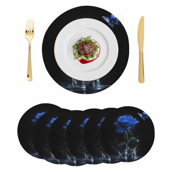 Blue Roses Round 13 Inch Placemats Set of 6, Modern Art Splash Flowers Butterfly HeatResistant Non Slip Place Mats for Dining Table, Wipeable Braided Kitchen Table Mats for Housewarming