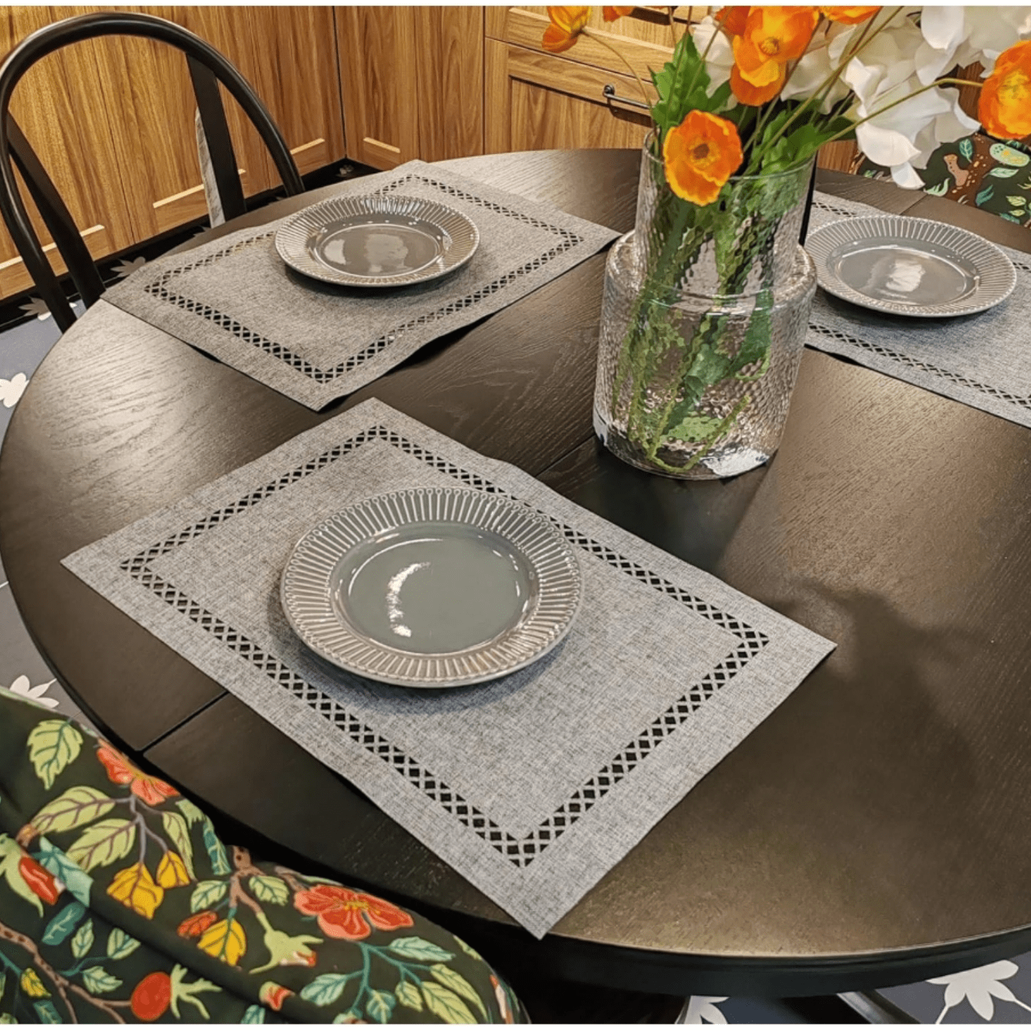 Placemats Set of 4 for Dining Table with Hollow Edge Design- Table Mats 12x 18 Inch, Cloth Place mats Mac (Grey 4pcs)