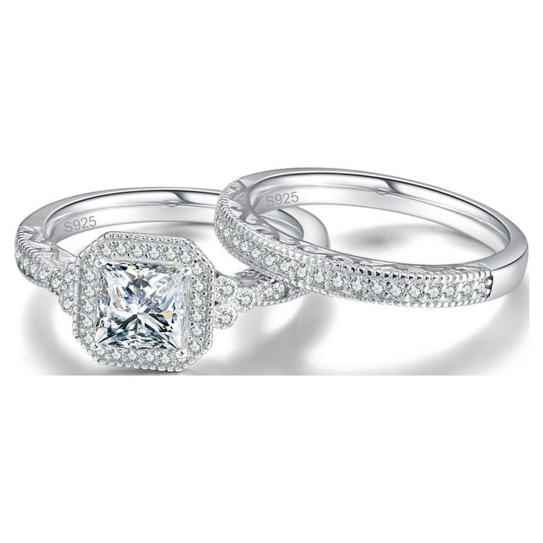 BAGOLIKA Wedding Ring Set For Women – 4 CT Princess Cut CZ In Sterling Silver, Sizes 5-10