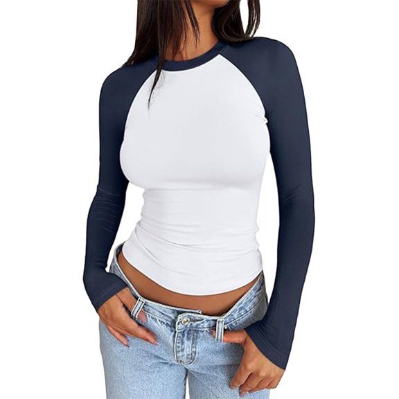 Afdoent Womens T Shirts Long Sleeve Tshirts Slim Fit Stretchy Color Block Slightly Cropped Tops Fashion Clothing
