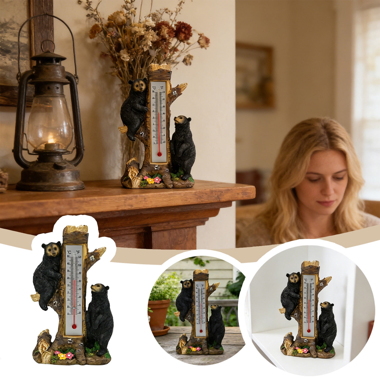 Black Bear Resin Wall Thermometer, Outdoor & Indoor Hanging Decorative Thermometer, Garden Patio Decor