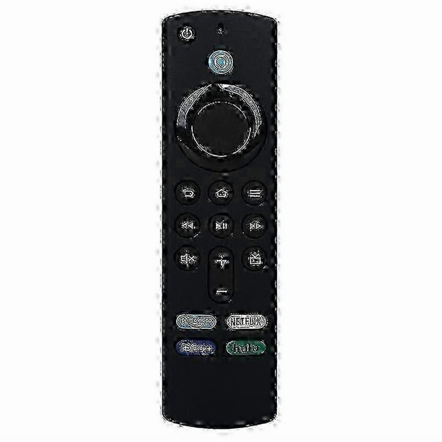 fire tv stick 4k max streaming player supports wifi 6e and alexa voice remote control ultra high definition only with — control remoto para TV digital negro, vista frontal con rueda direccional circular superior, filas de botones de reproducción y navegación en el centro, cuatro botones de acceso rápido con logos en la base, acabado mate y orificio de micrófono en la parte superior, fondo blanco. Su tamaño compacto lo hace adecuado como control remoto de reemplazo para salas pequeñas.