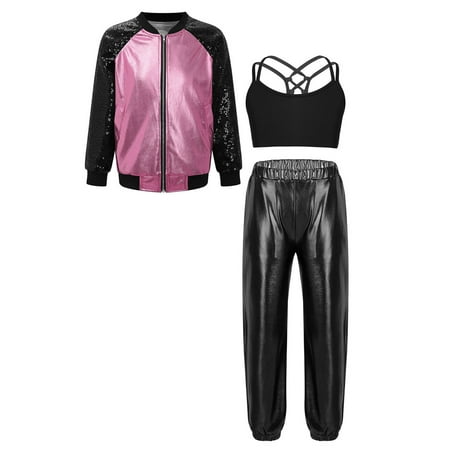 Doomiva Kids Girls Long Sleeve Bomber Jacket Dance Crop Top Sports Bra Vest with Pants Set Jazz Street Dancewear Black&Pink 14