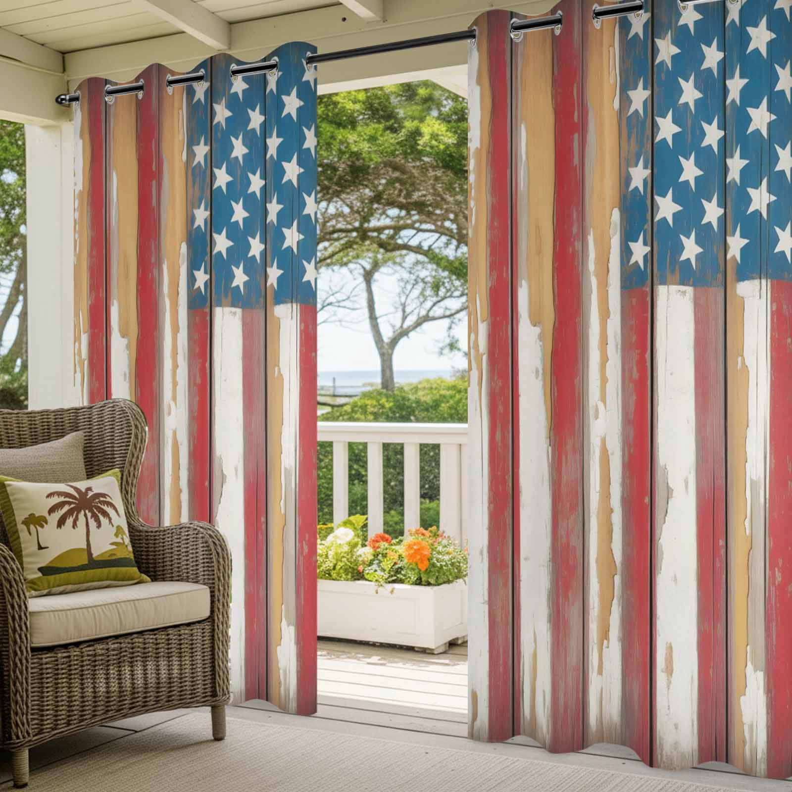 Independence Day Outdoor Curtains for Patio, American Flag Star Retro Red Wood Striped Sunshade Privacy Drapes Grommet Waterproof Outside Curtains for Porch/Cabana/Balcony 54"x 108", 1 Panel