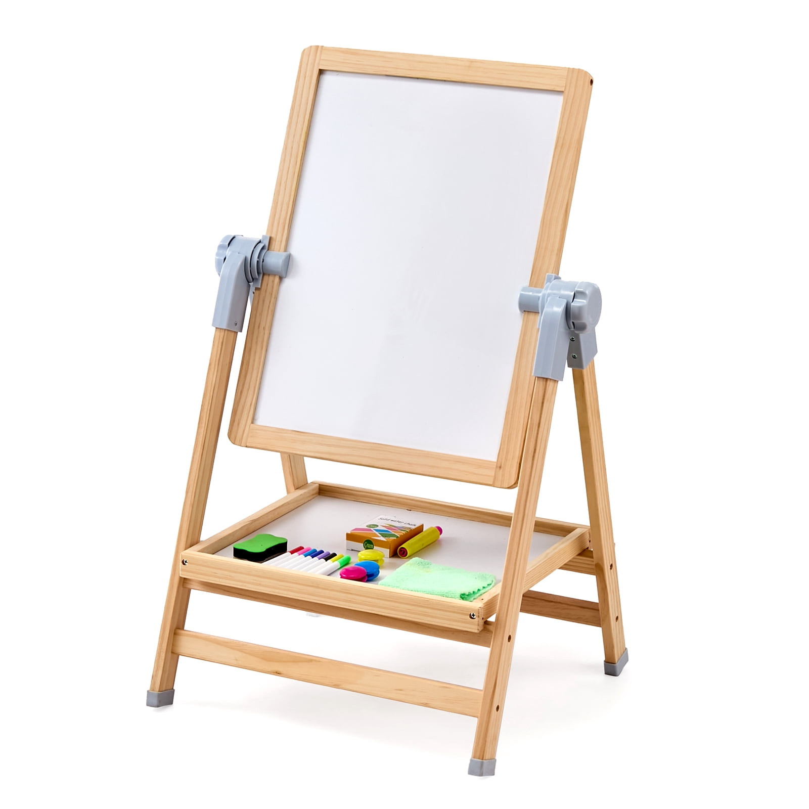 VEVOR Art Easel for Kids, 2-in-1 Wooden Double-Sided Kides Art Easel with Magnetic Whiteboard & Chalkboard, Adjustable Standing Rotatable Foldable Drawing Board with Painting Accessories for Boy Girl