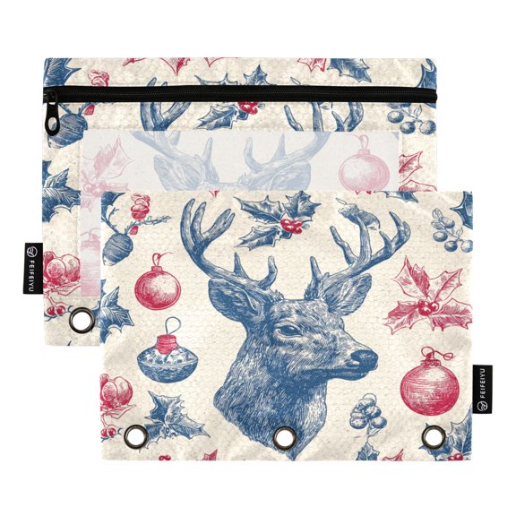 2 Pack 3 Ring Binder Pouch with Clear PVC Window Water Resistant Zipper Pencil Pouch Christmas Reindeer-themed Pictorial Binder Pocket for Classroom Office Home Stationery Organization
