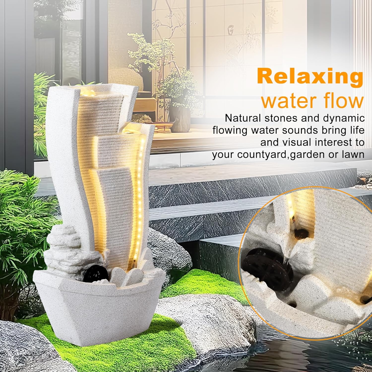Magic Union 4-Tier Cascading Outdoor Water Fountain, 24" Resin Garden Fountain, Modern Curved Faux Slate Waterfalls Feature with LED Lights, Sailing Ship Water Fountains for Patio Deck Porch, White