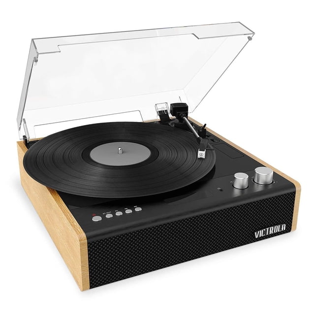 Tocadiscos Victrola Bluetooth Negro con Altavoces Integrados y Cubierta contra Polvo
