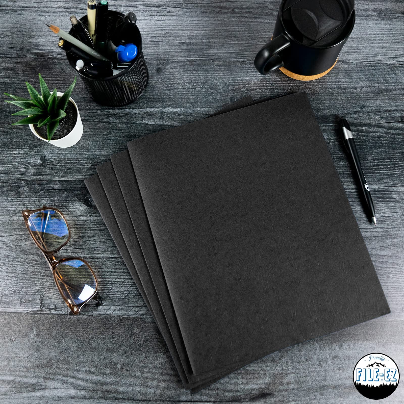 FILE-EZ Two-Pocket Folders, Black, 25-Pack, Textured Paper, Letter Size (EZ-52505)