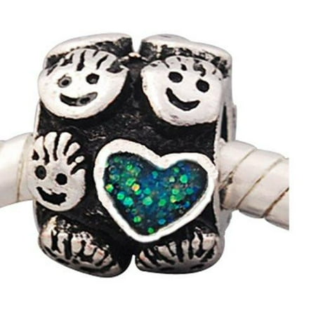Love Kids Italian Charm - I Love All My Kids with Green Glitter Heart Charm Spacer Beads For Snake Chain Charm Bracelet