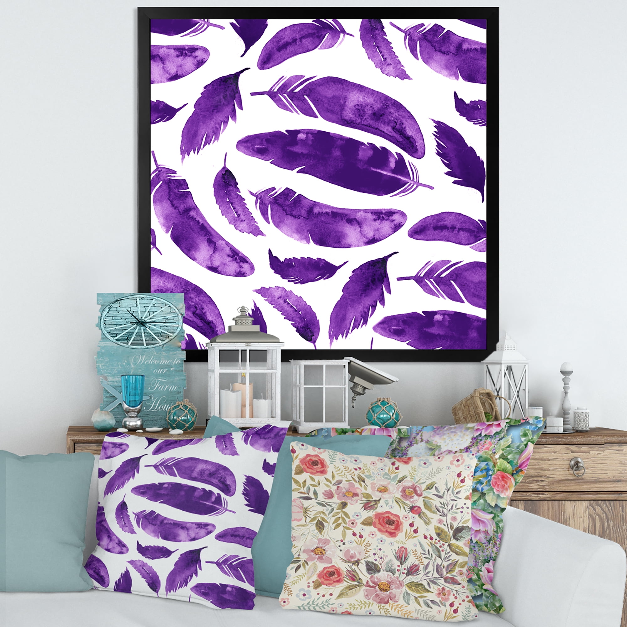 Designart 'Ethnic VIolet Feathers On White' Bohemian & Eclectic Framed Art Print