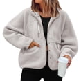 thumbnail image 5 of Womens Fleece Jacket Fuzzy Long Sleeve Short Winter Coats Button Down Jacket Outerwear with Pockets Light Gray L, 5 of 6