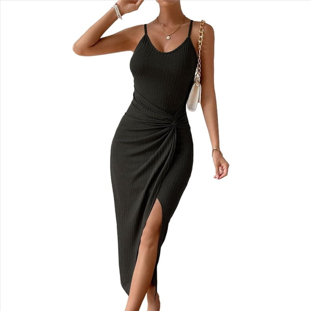 Vestido de Cóctel Ajustado para Mujer, Sin Mangas, con Tirantes Finos Ajustables, Abertura en la Cintura, Espalda Descubierta y Corte Midi Negro L