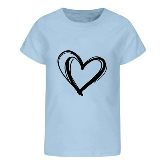 YUEHUA Girls T Shirts Size 7-8 Summer Girls' Large Sized Round Neck Heart Themed Print Short Sleeved Loose Fitting Casual T Shirt for Children, Size 8-9 Years