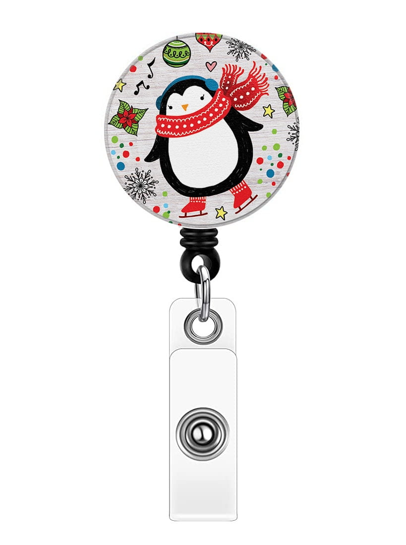 WIRESTER Retractable Badge Reels with Alligator Swivel Clip & Plastic Card  Holder Strap, Round ID Badge Holders for Students, Teachers, Office Workers  - Christmas Penguin Skating (S1) 