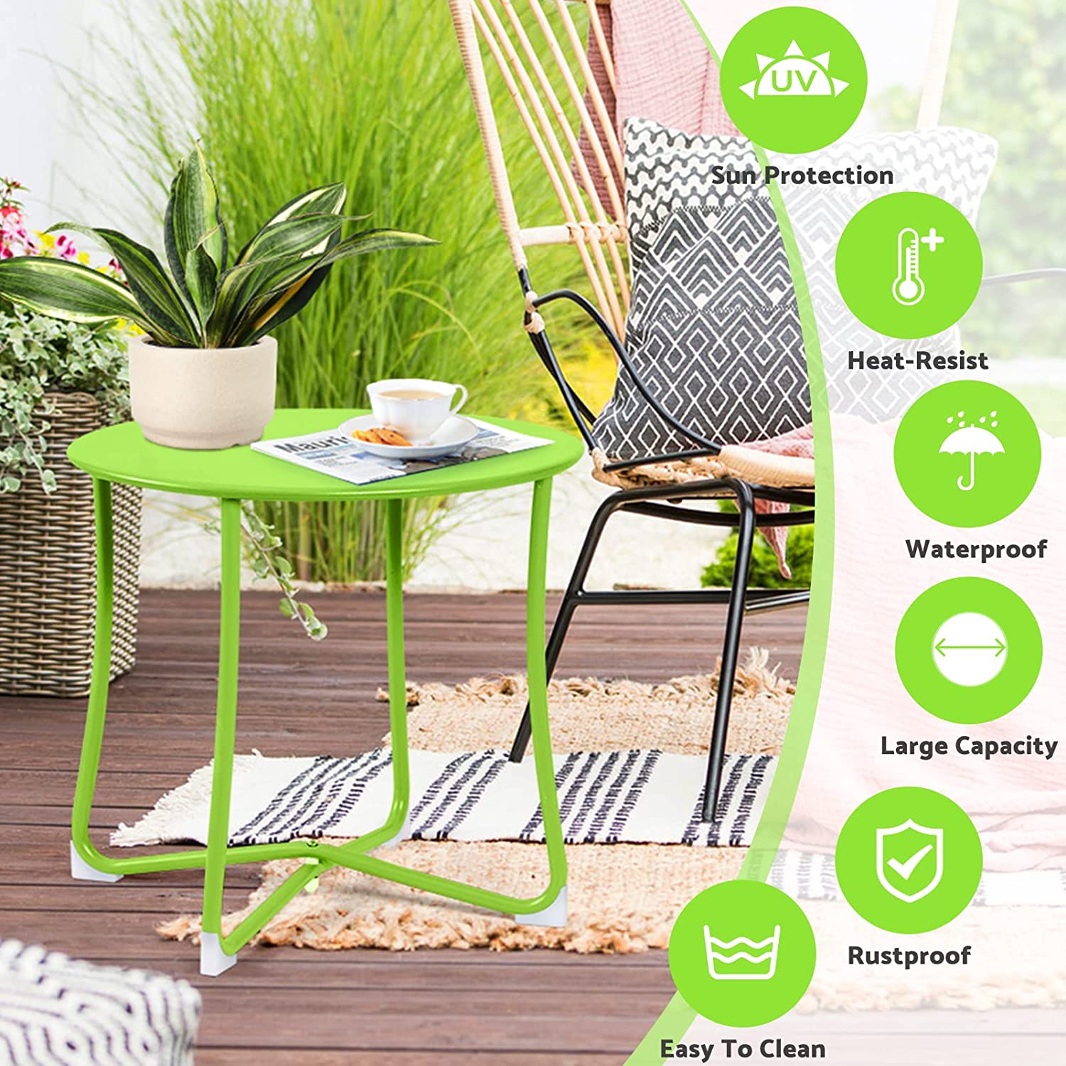 Amagabeli Metal Patio Side Table 18 x 18 Heavy Duty Weather Resistant Anti-Rust Outdoor End Table Small Steel Round Coffee Table Porch Table Snack Table for Balcony Garde Lime Green - image 4 of 8