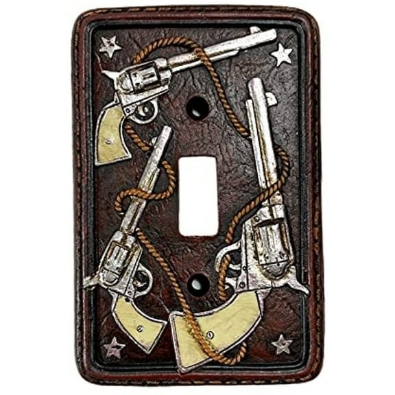 Urbalabs Western Six Shooter Rope Cowboy Silver Star Decorative Light Switch Outlet Wall Plate Covers Country Home Rustic Light Switch Covers Single Double 2 Gang Switch Plates (Single Switch)