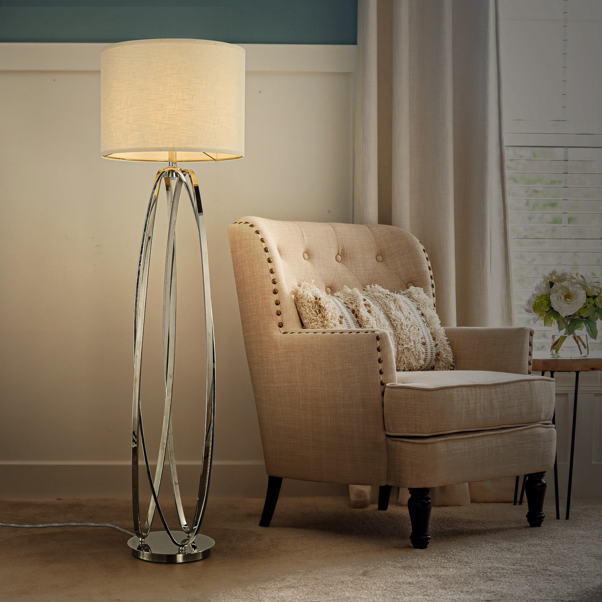 62'' Elegant Modern Polished Nickel Metal Floor Lamp With Ivory Fabric Drum Shade For Living Room Dining Room