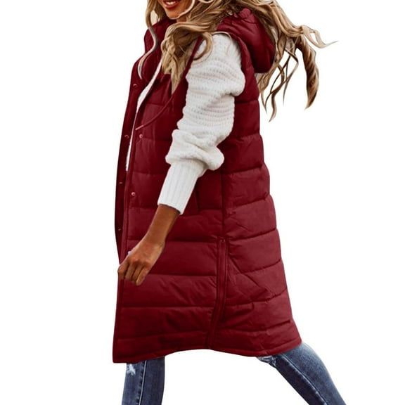 Brnmxoke Womens Winter Long Puffer Vest Zip Up Hooded Jackeis Lightweight Sleeveless Padded Gilet Loose Fit Puffy Jacket Outerwear with Pockets