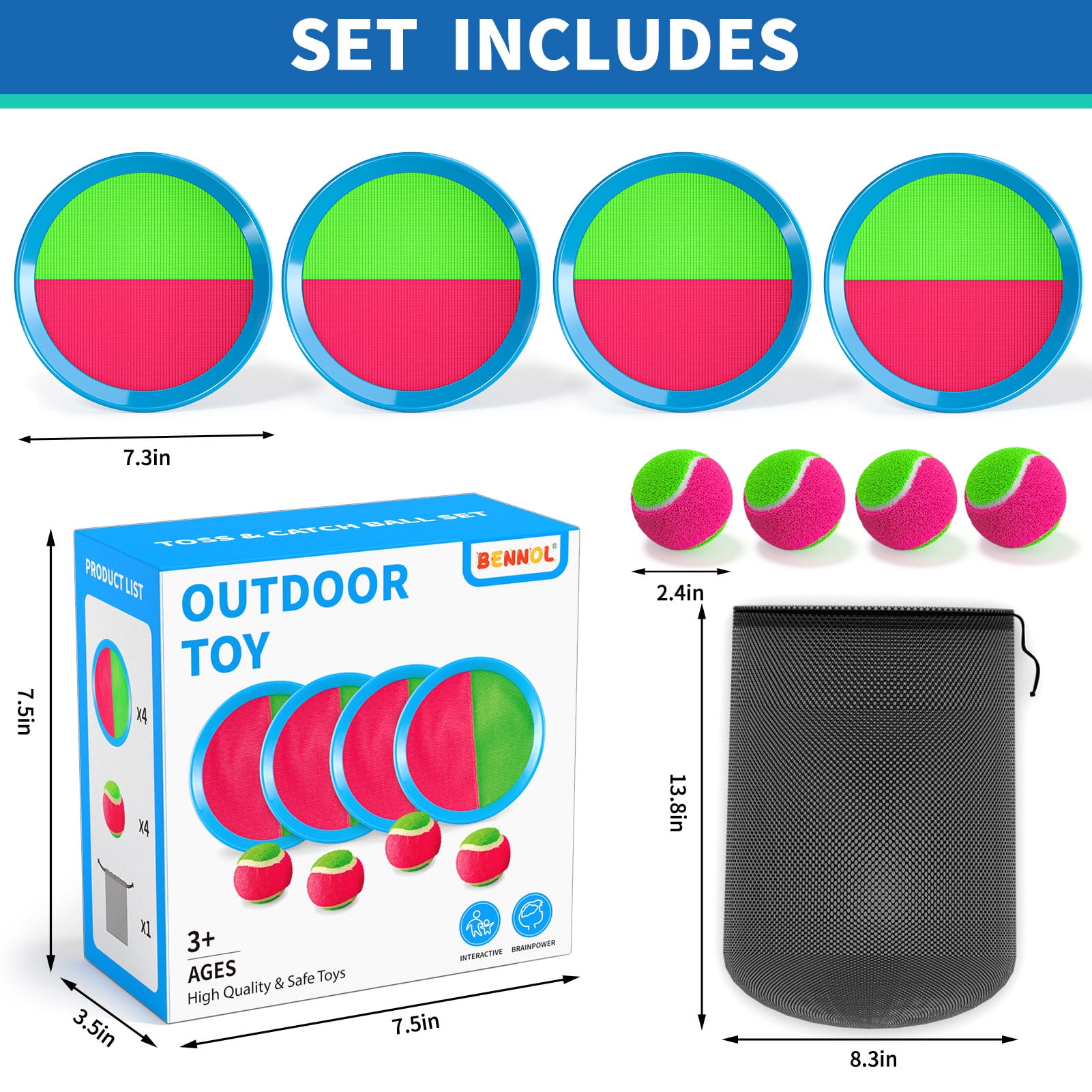 KukuFun Toss and Catch Ball Game for Kids, 4 Paddles, 4 Balls & Storage Bag, Outdoor Toys for Ages 3-10, Yard Backyard Beach Games