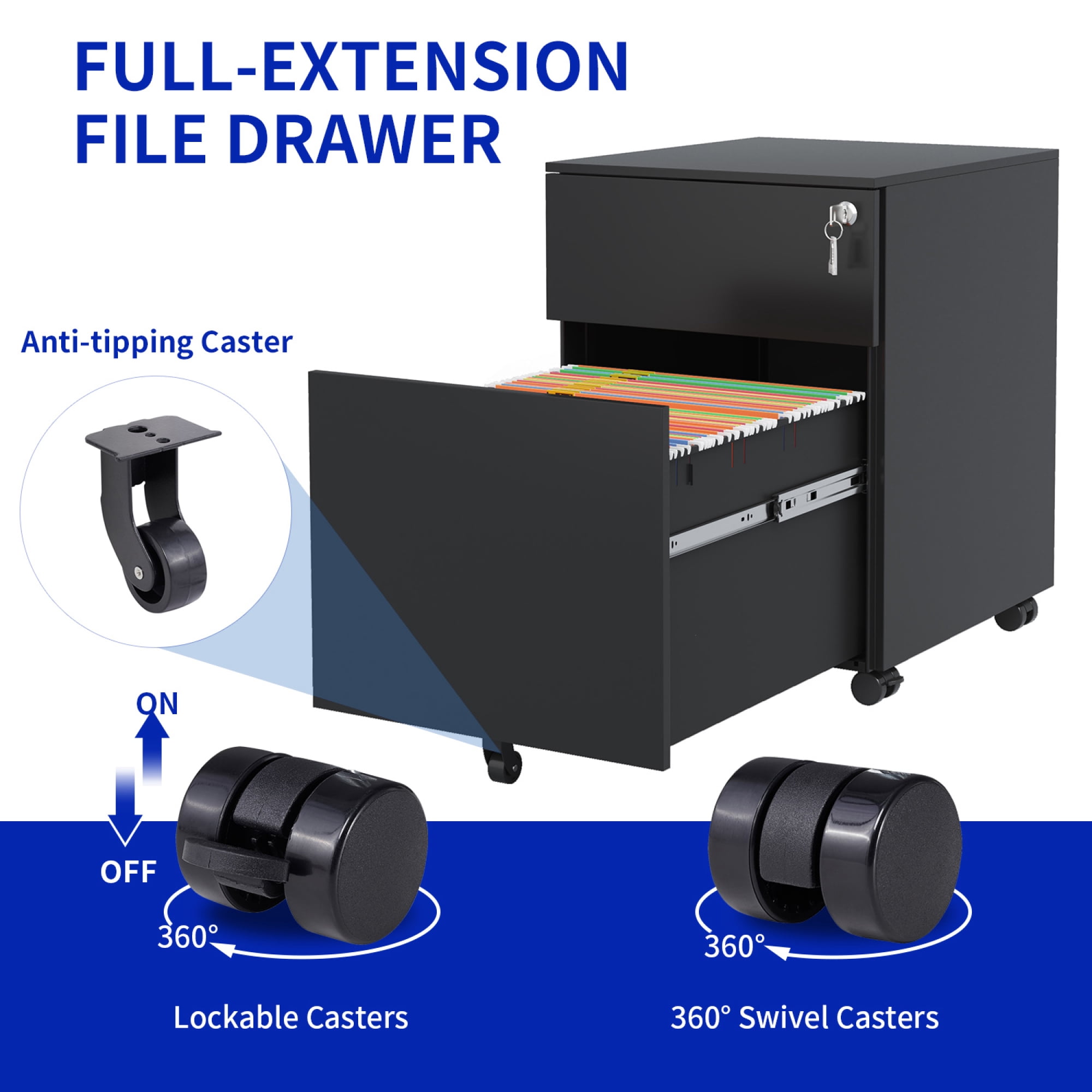 2 Drawer Mobile File Cabinet with Lock Steel File Cabinet for Legal/Letter/A4/F4 Size, Fully Assembled except for Wheels