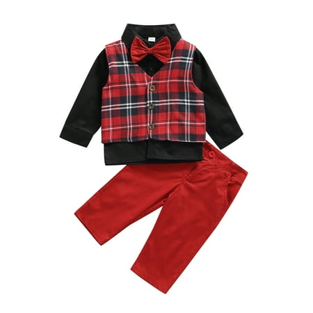 

Nokpsedcb 4PCS Toddler Infant Baby Boys Red Plaid Vest Solid Color Long Sleeve Lapel Shirt Bow Tie Long Pants Set Red 18-24 Months