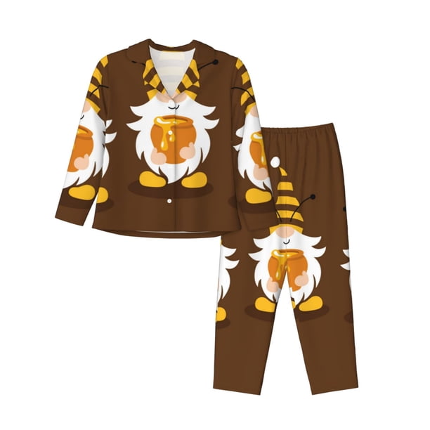 Balery Gnomes With Honey Conjunto de Pijama con Estampado para Mujer, Conjunto de Dos Piezas con Manga Larga, Ropa de Dormir Suave con Bolsillos, Pijamas Cómodos-Medium
