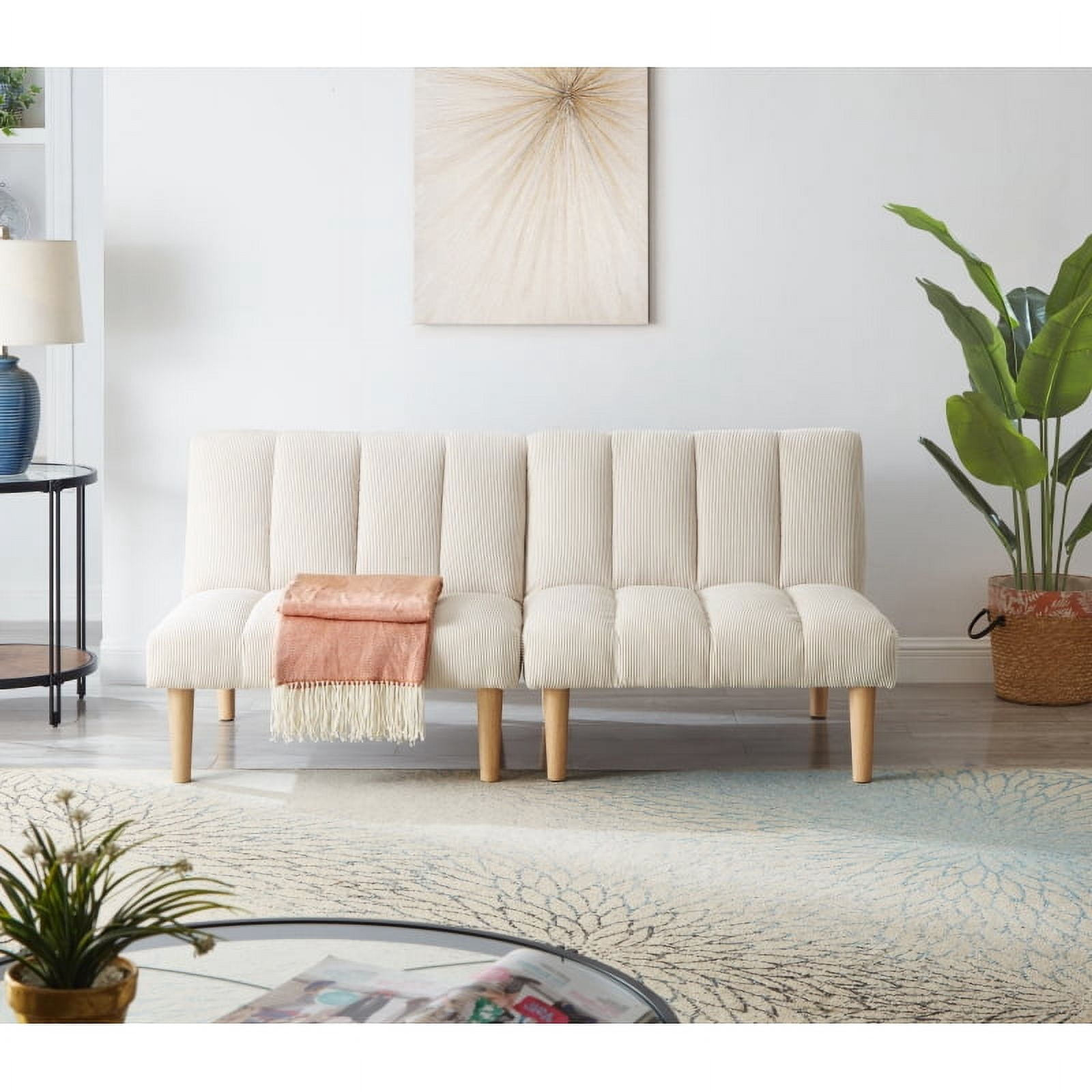 Corduroy fabric, wooden legs convertible sofa bed (Color:Beige)