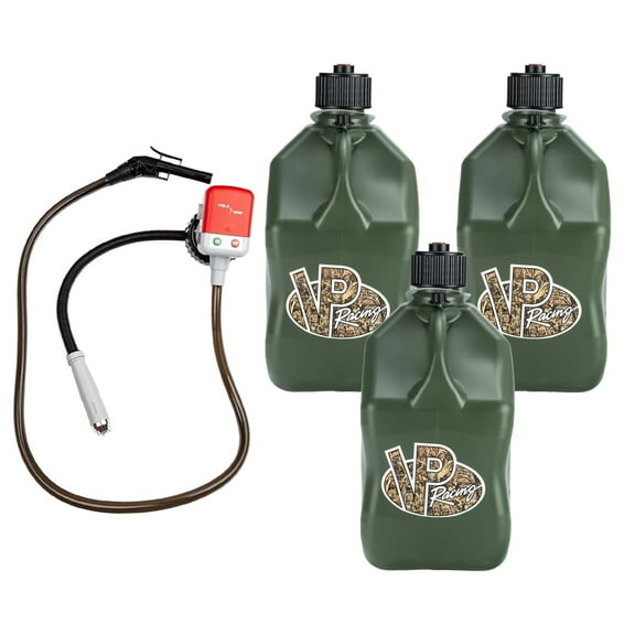 VP Racing 3842-CA, 5.5-Gallon Square Motorsport Jug Camo (3 Pack), w/Utility Jug Battery Powered Fuel Transfer Pump (1 Pack)
