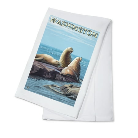 Washington Set - Sea Lions - Washington - Lantern Press Original Poster (100% Cotton Kitchen Towel)