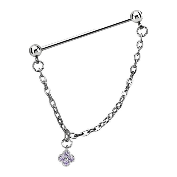 Ear industrial barbell 14g/1.6mm with a 5mm press fit gem ball and a 5mm steel ball linked with a chain with cubic zirconia stones in a flower shape dangling part