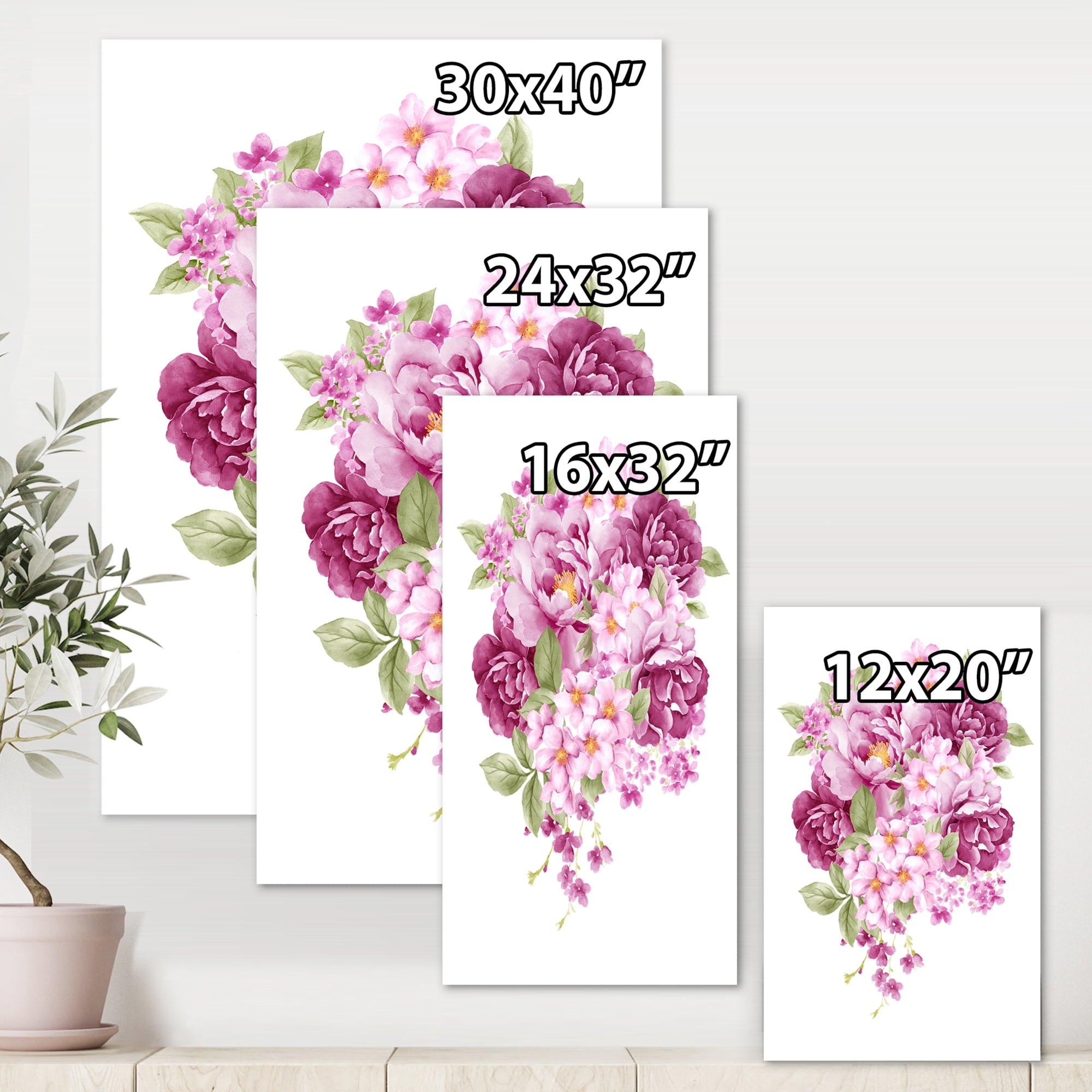 Bouquet Of Pink Retro Flowers 12 in x 8 in Painting Canvas Art Print, by Designart